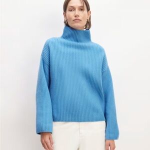 NEW Everlane The Felted Merino Wool Funnel-Neck Pullover in Heritage Blue medium